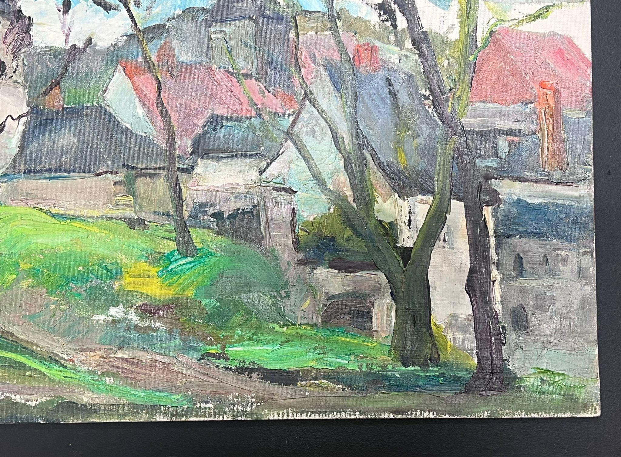 The Old French Town
signed by Regine David (female French artist, 1910-2018)
oil painting on board, unframed
measures: 15 x 18 inches
condition: the painting is in very sound and presentable condition and certainly very original. It had previously