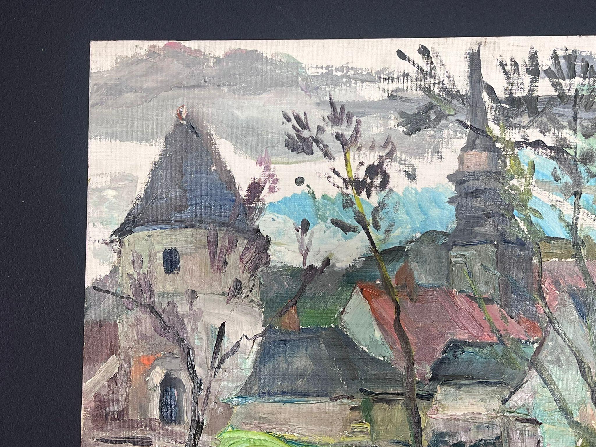 Mid 20th Century 1950's French Post-Impressionist Oil Old French Town Church For Sale 1