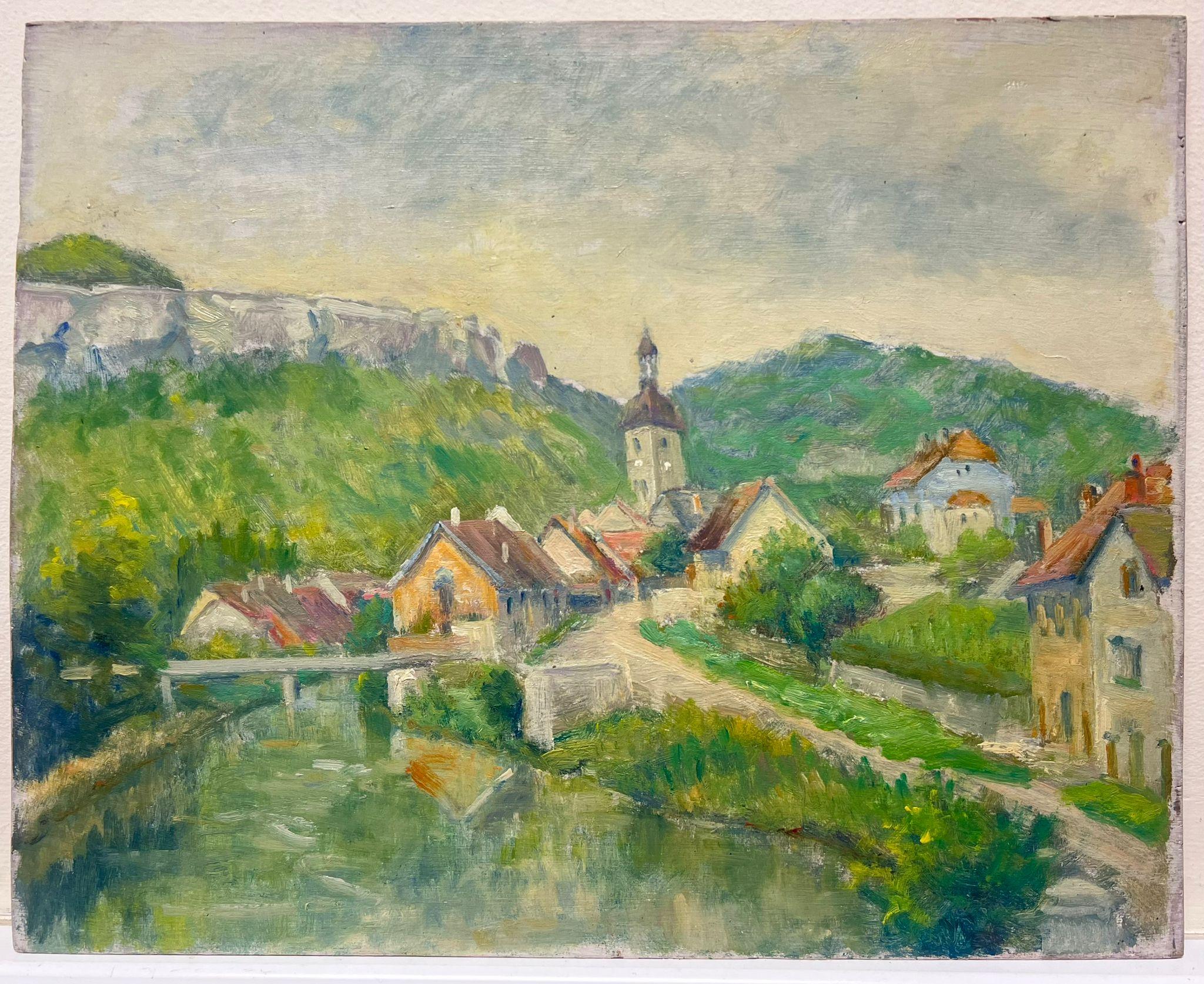 Mid 20th Century 1950's French Post-Impressionist Oil Old French Town & River - Painting by Regine David