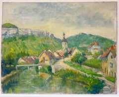 Mid 20th Century 1950's French Post-Impressionist Oil Old French Town & River
