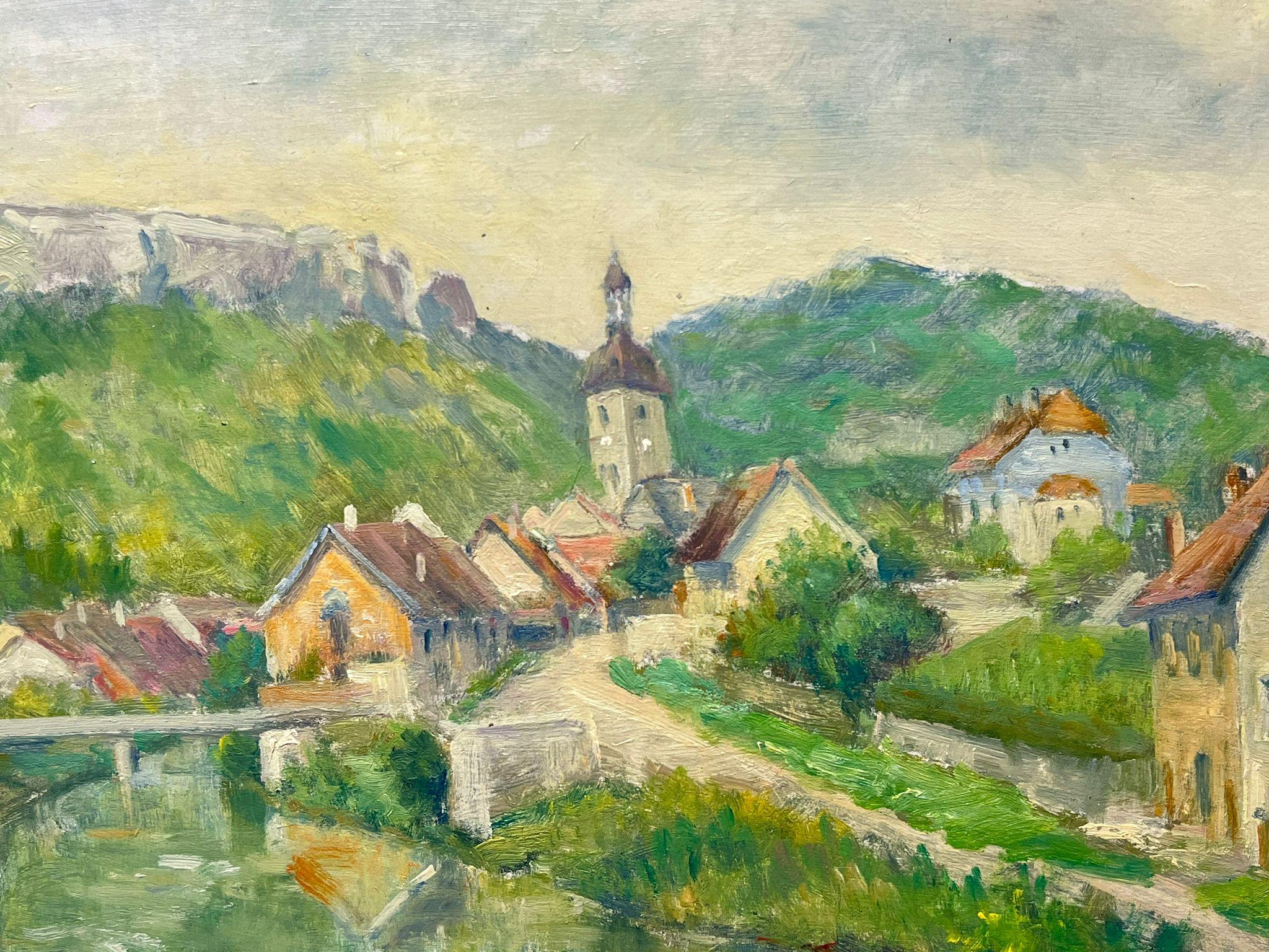 Mid 20th Century 1950's French Post-Impressionist Oil Old French Town & River - Brown Landscape Painting by Regine David