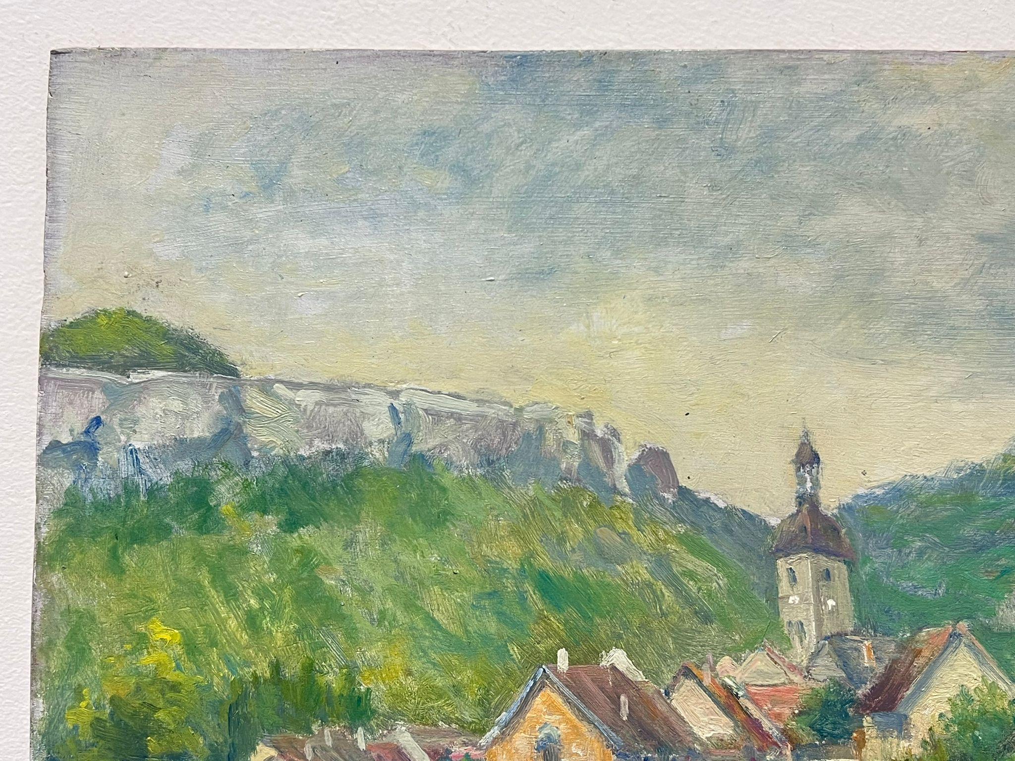 Mid 20th Century 1950's French Post-Impressionist Oil Old French Town & River For Sale 1