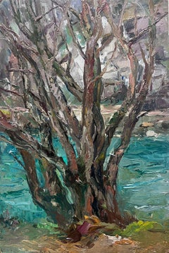 Huile Post-Impressionniste Française du milieu du 20ème siècle des années 50 Vieil arbre par Blue River