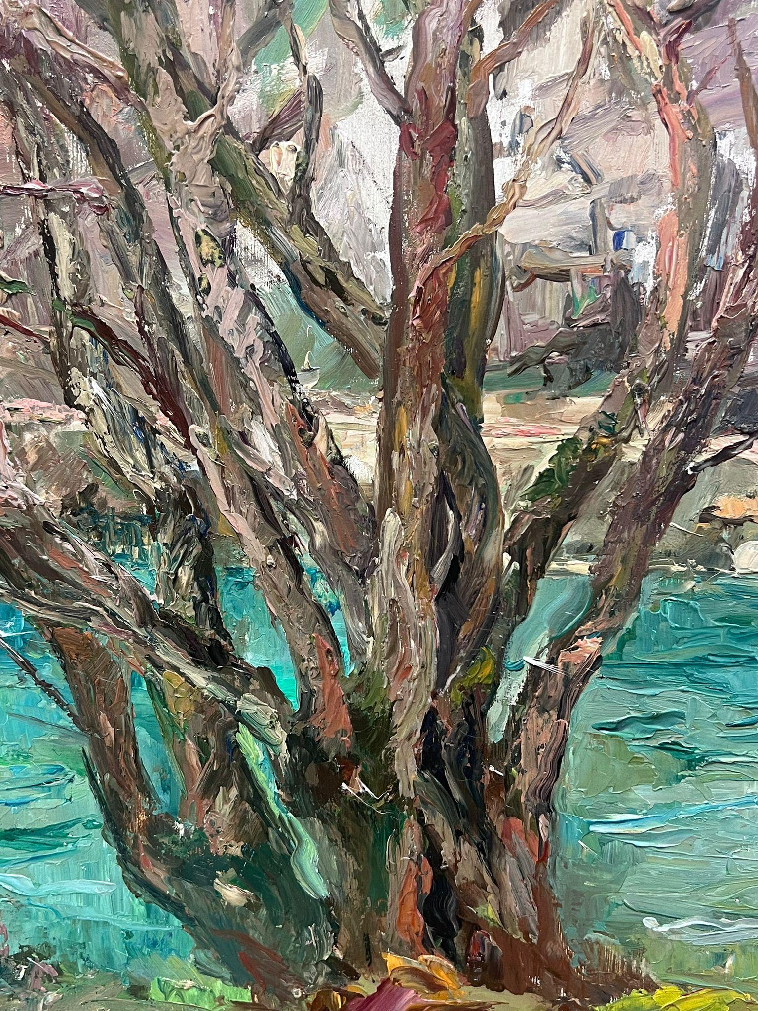Mitte des 20. Jahrhunderts 1950er Jahre Französisch Post-Impressionist Öl Alter Baum von Blue River (Post-Impressionismus), Painting, von Regine David