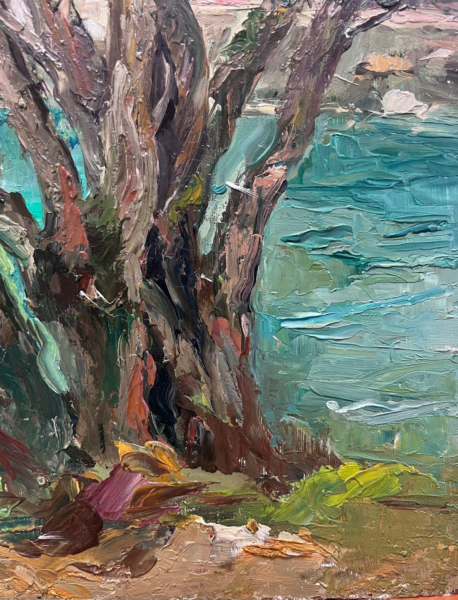 Mitte des 20. Jahrhunderts 1950er Jahre Französisch Post-Impressionist Öl Alter Baum von Blue River (Grau), Landscape Painting, von Regine David