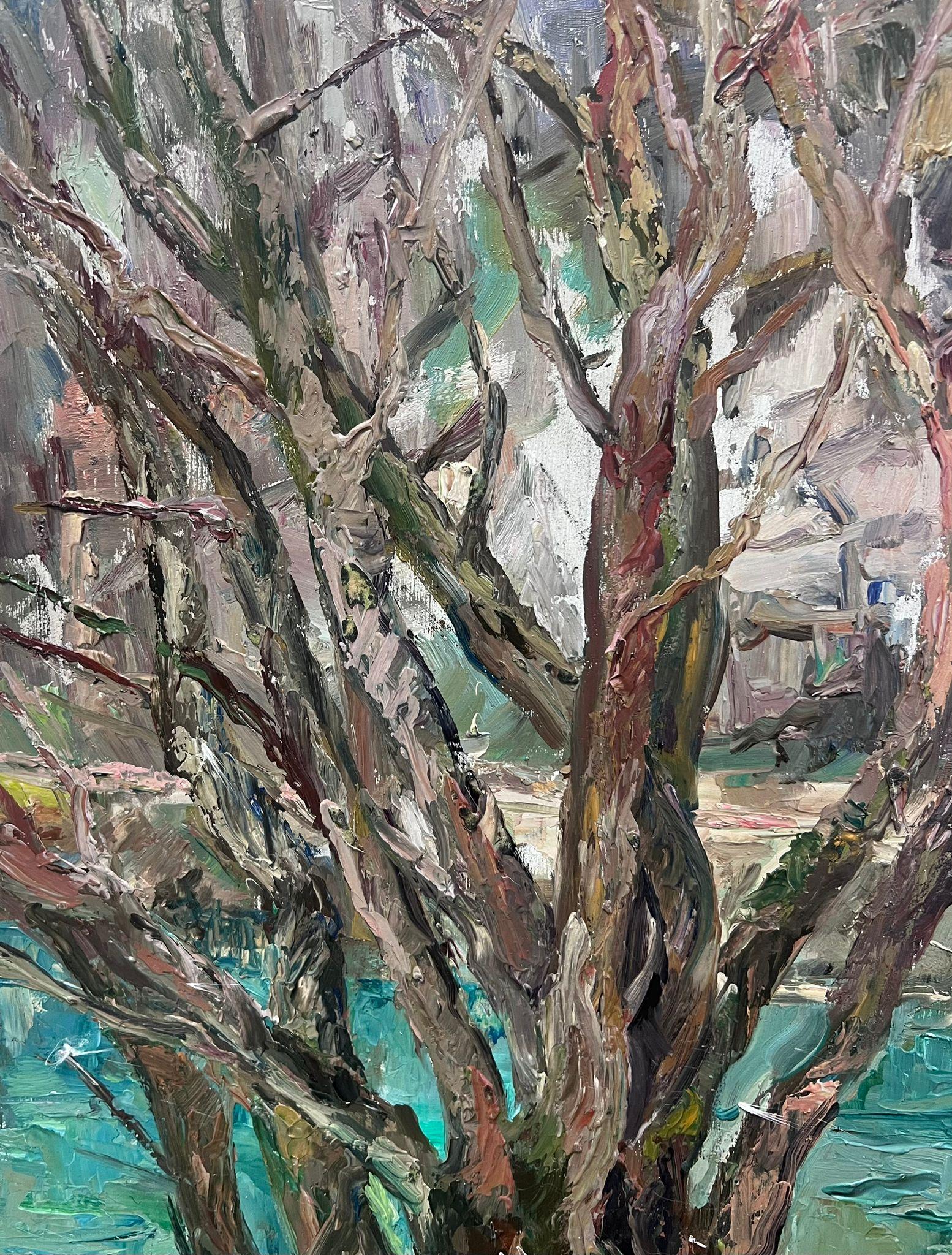 Mitte des 20. Jahrhunderts 1950er Jahre Französisch Post-Impressionist Öl Alter Baum von Blue River im Angebot 1