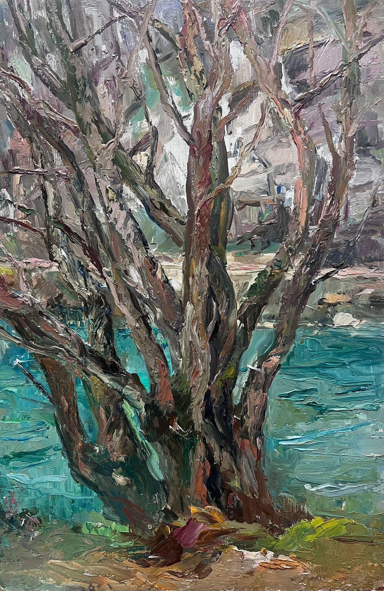 Regine David Landscape Painting – Mitte des 20. Jahrhunderts 1950er Jahre Französisch Post-Impressionist Öl Alter Baum von Blue River