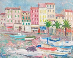 Mid 20th Century 1950
s French Post-Impressionist Oil Provencal Port Harbor