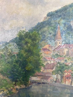 Mediados del siglo XX Años 50 Oleo francés postimpresionista Paisaje fluvial Ciudad vieja