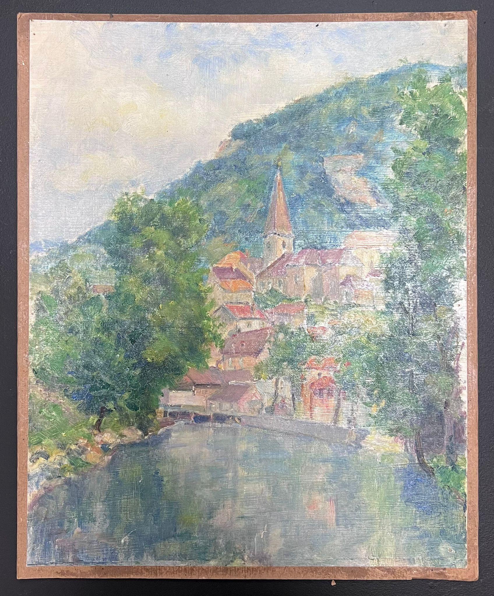 Mid 20th Century 1950's French Post-Impressionist Oil River Landscape Old Town - Gray Landscape Painting by Regine David