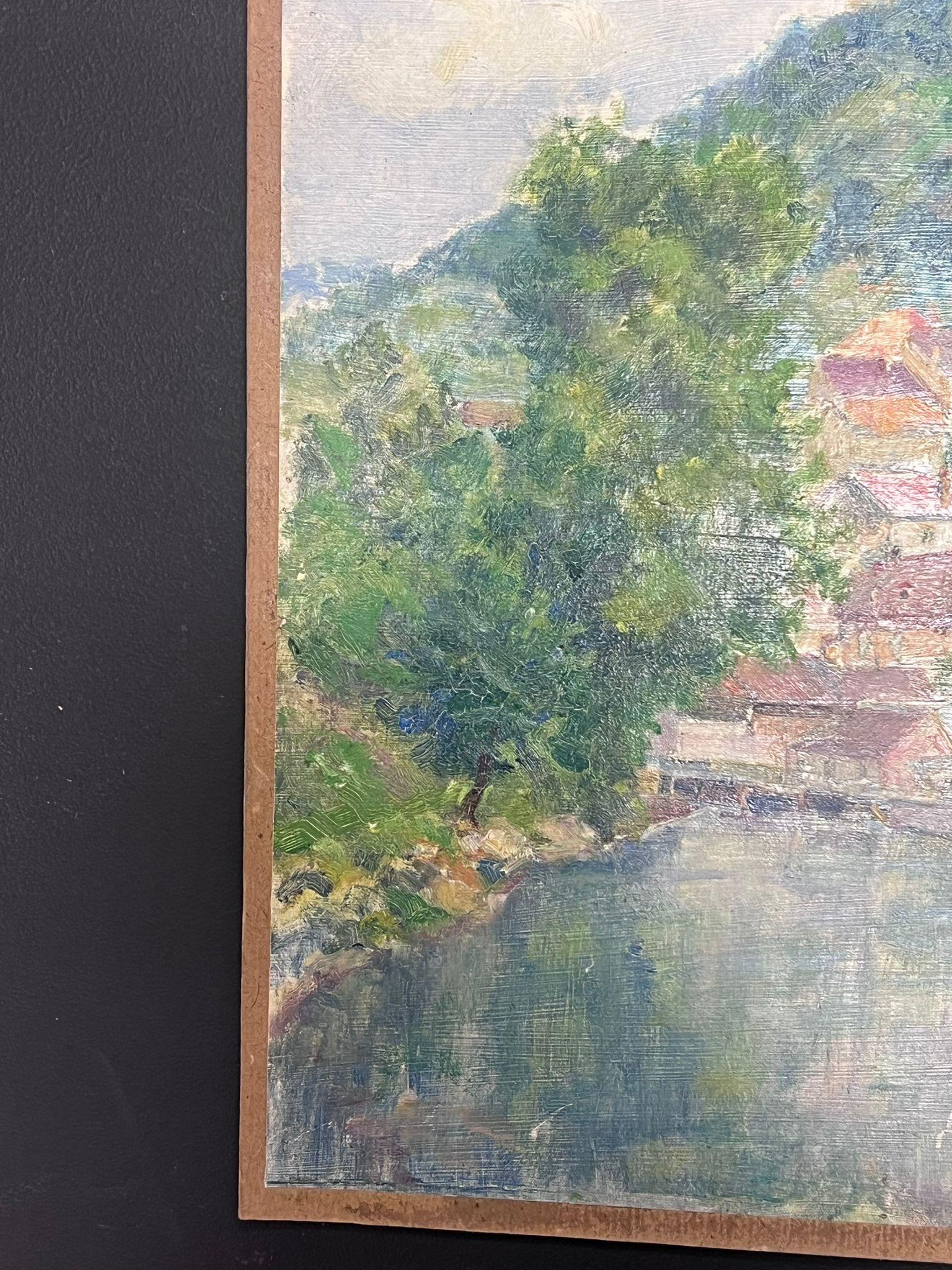 The Old Town by the River
by Regine David (female French artist, 1910-2018)
oil painting on board, unframed
measures: 16 x 13 inches
condition: the painting is in very sound and presentable condition and certainly very original. It had previously