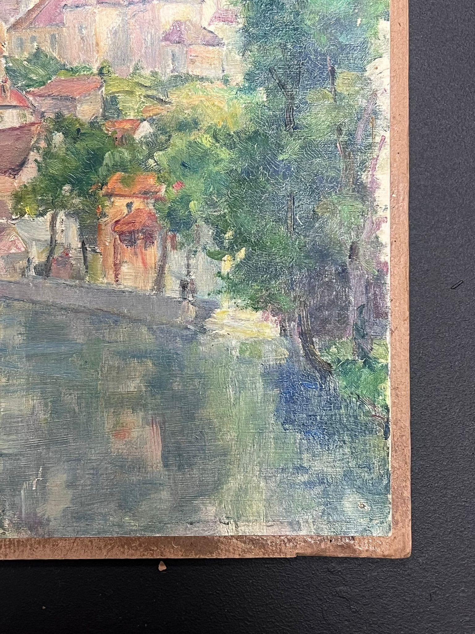 Mid 20th Century 1950's French Post-Impressionist Oil River Landscape Old Town For Sale 1