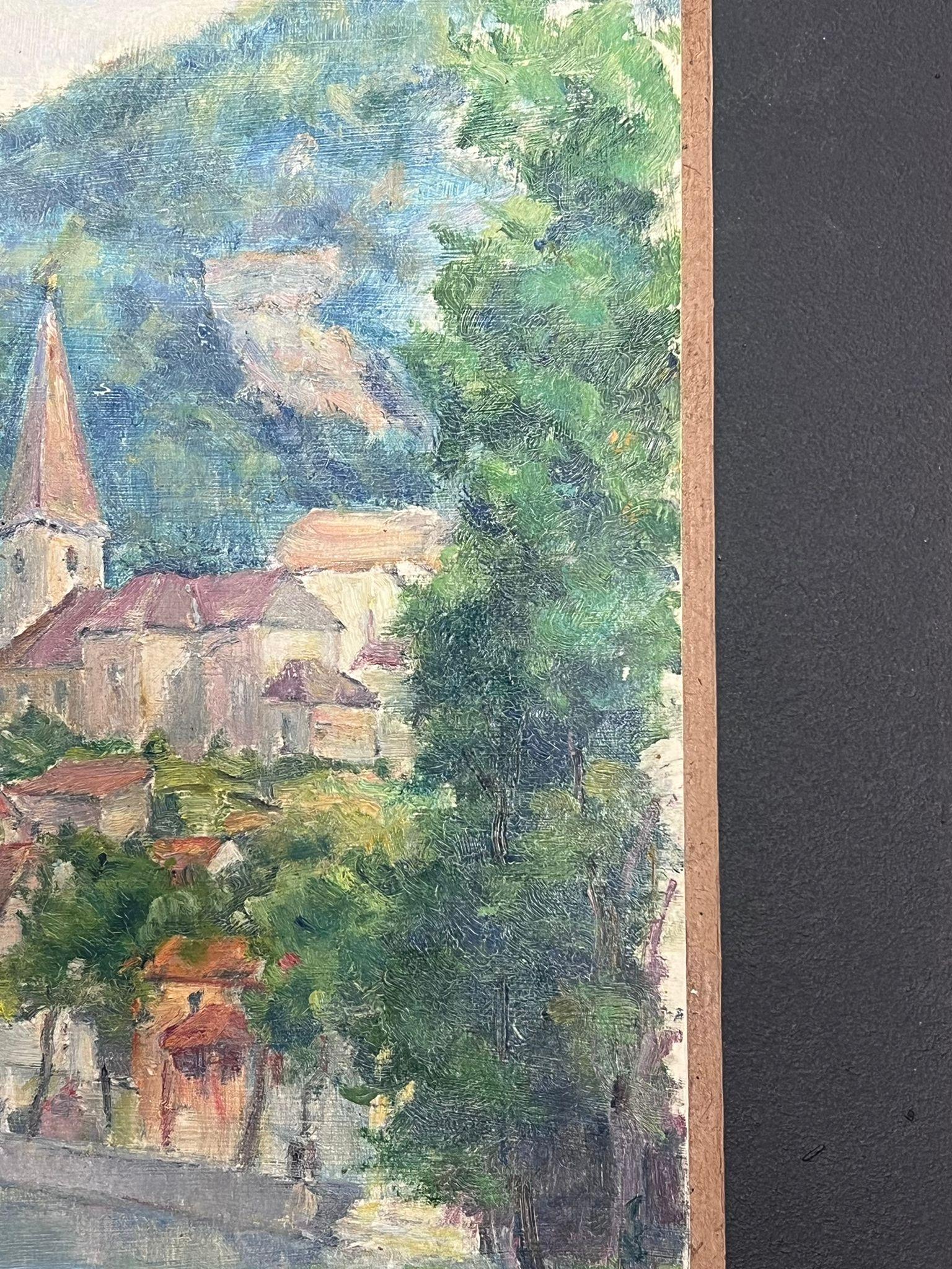 Mid 20th Century 1950's French Post-Impressionist Oil River Landscape Old Town For Sale 2