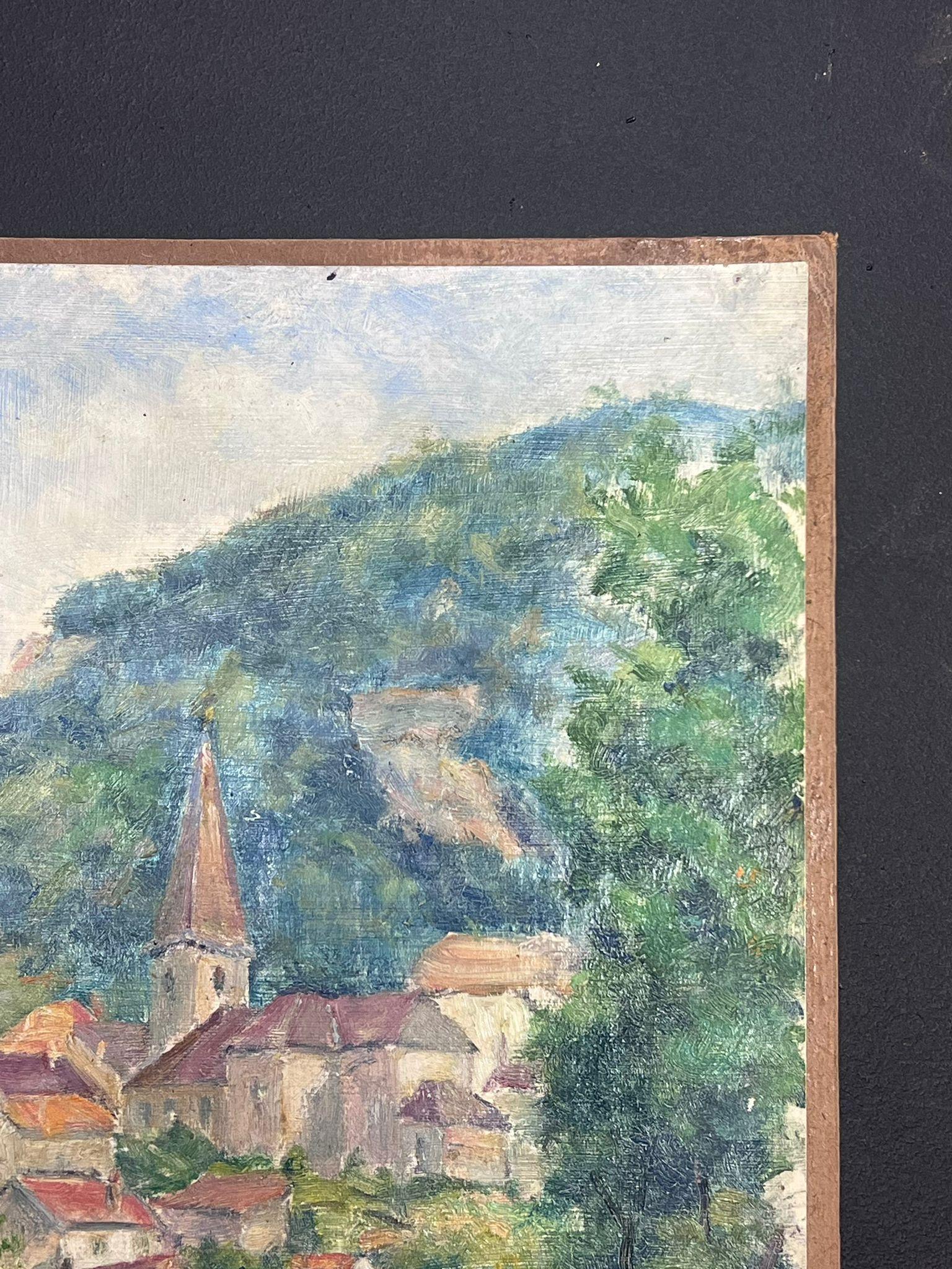 Mid 20th Century 1950's French Post-Impressionist Oil River Landscape Old Town For Sale 3