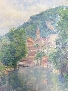 Mid 20th Century 1950's French Post-Impressionist Oil River Landscape Old Town