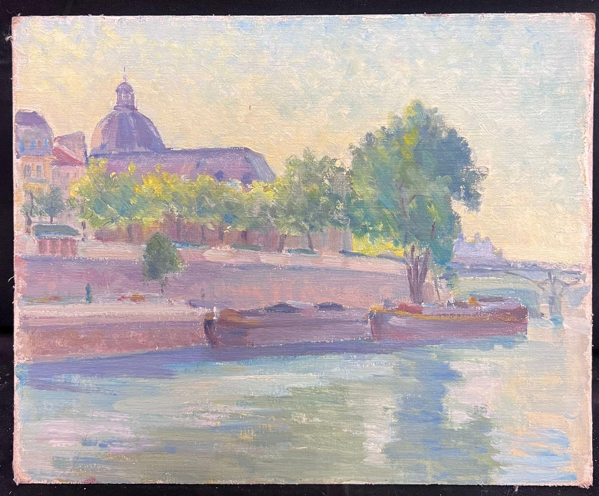 Mitte des 20. Jahrhunderts 1950er Jahre Französisch Post-Impressionist Öl Riverside Townes Gebäude – Painting von Regine David