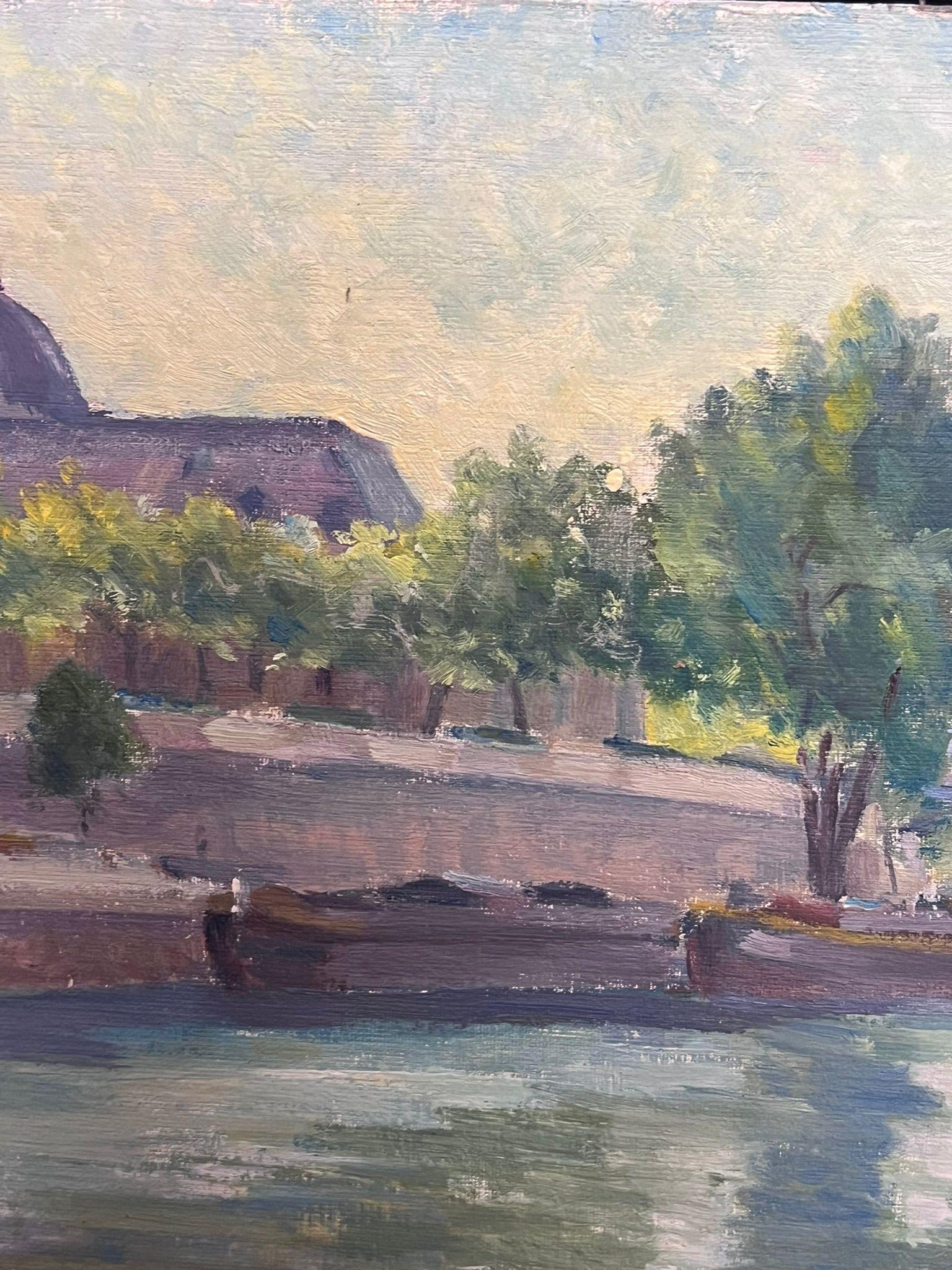 Mitte des 20. Jahrhunderts 1950er Jahre Französisch Post-Impressionist Öl Riverside Townes Gebäude (Grau), Landscape Painting, von Regine David