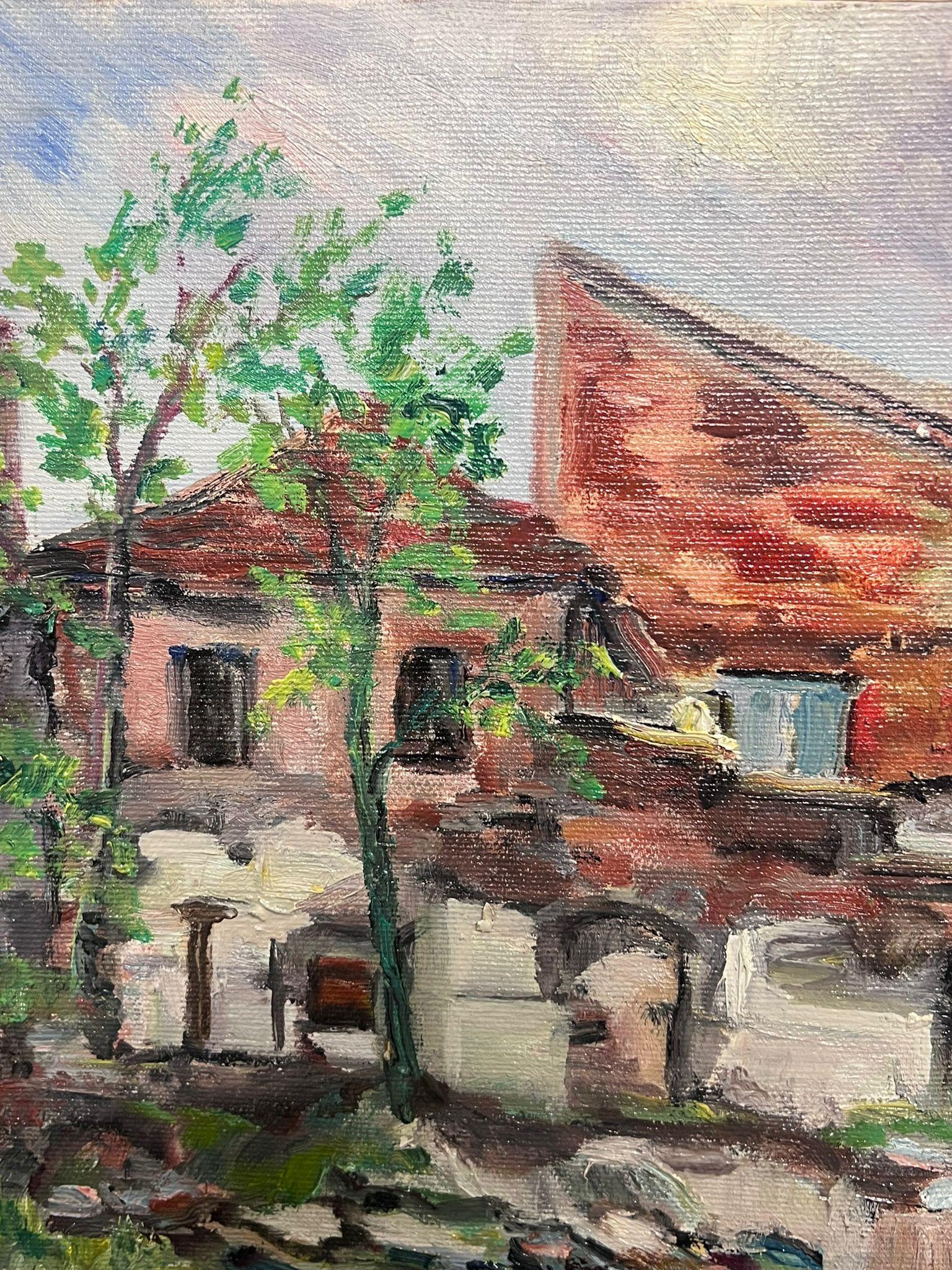 Mitte des 20. Jahrhunderts 1950er Jahre Französisch Post-Impressionist Öl Roanne Townes Gebäude Ansicht (Post-Impressionismus), Painting, von Regine David
