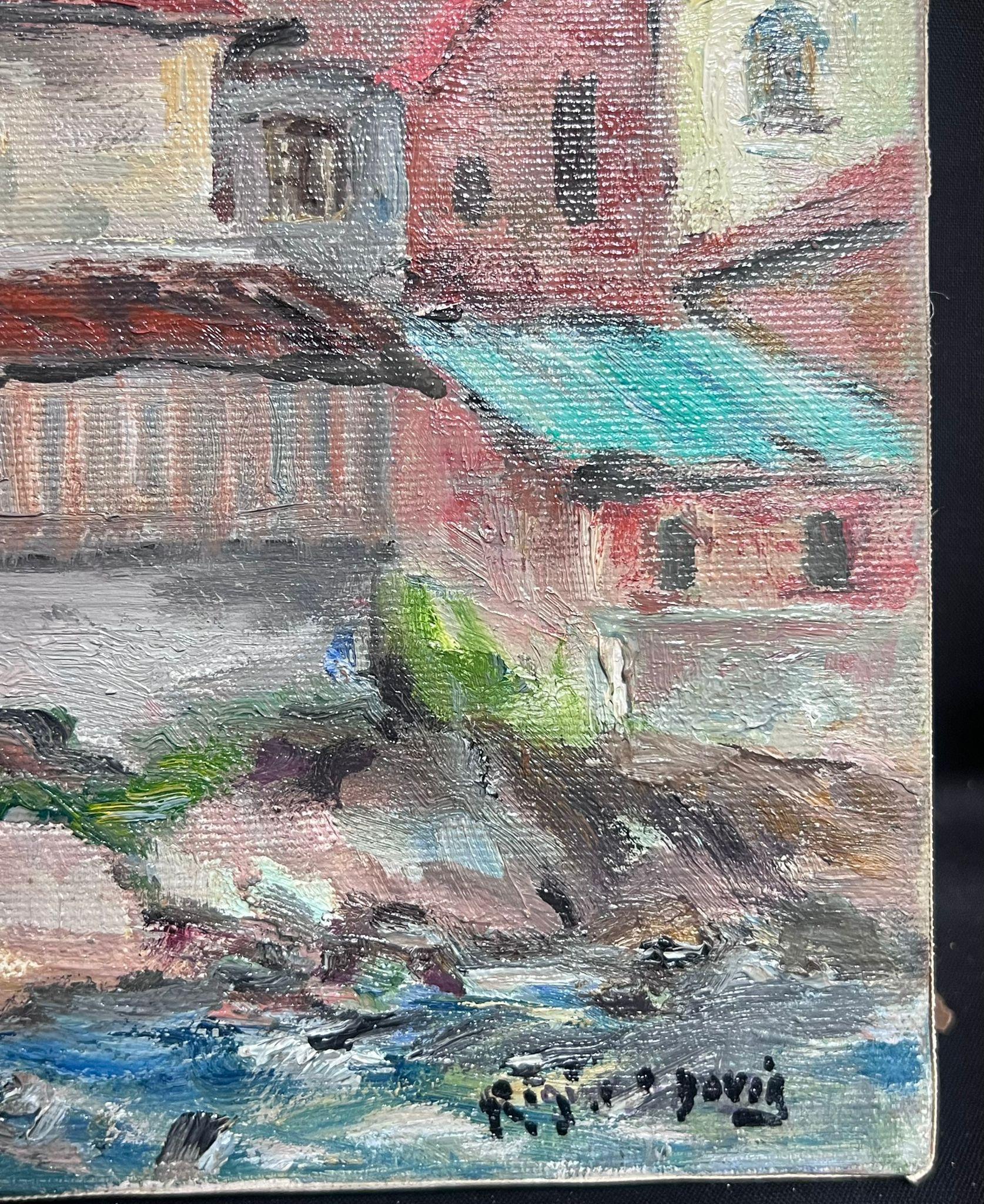 Mitte des 20. Jahrhunderts 1950er Jahre Französisch Post-Impressionist Öl Roanne Townes Gebäude Ansicht (Braun), Landscape Painting, von Regine David