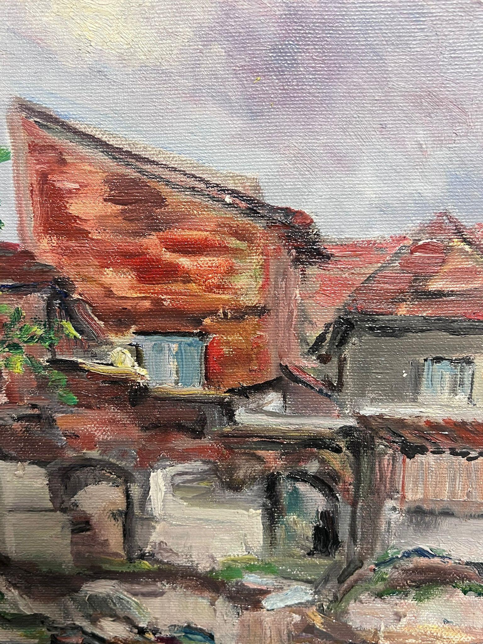 Mitte des 20. Jahrhunderts 1950er Jahre Französisch Post-Impressionist Öl Roanne Townes Gebäude Ansicht im Angebot 2