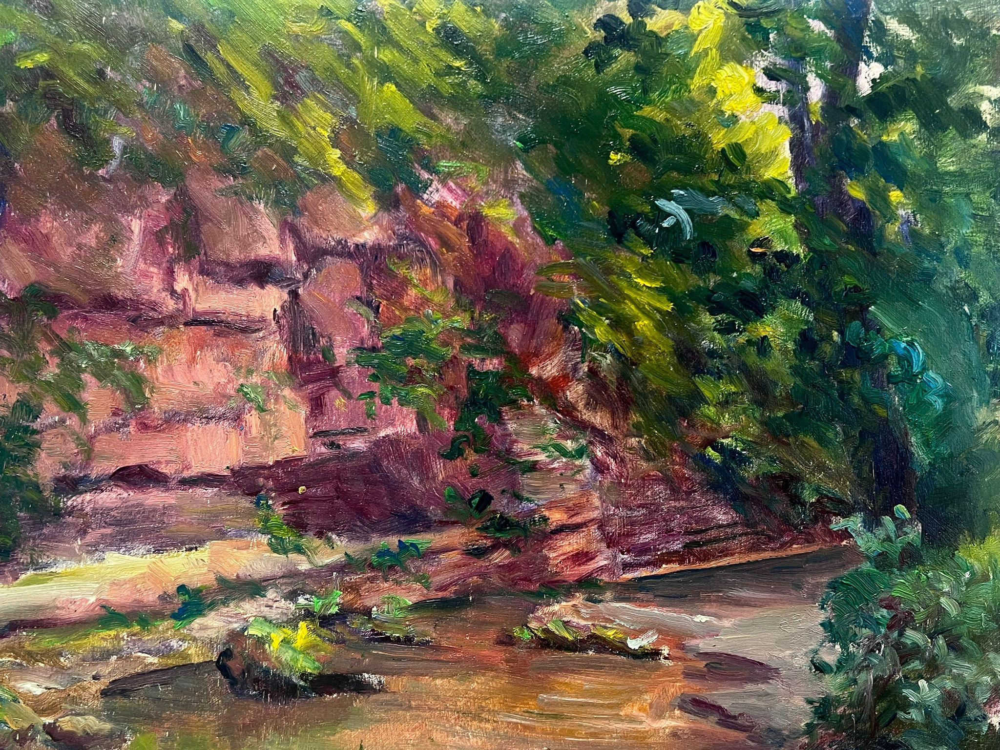 Gorge de rivière rocheuse post-impressionniste française du milieu du 20e siècle des années 1950 - Gris Landscape Painting par Regine David