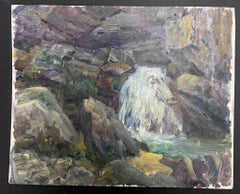 Mediados del siglo XX Años 50 Óleo francés postimpresionista Cascada rocosa