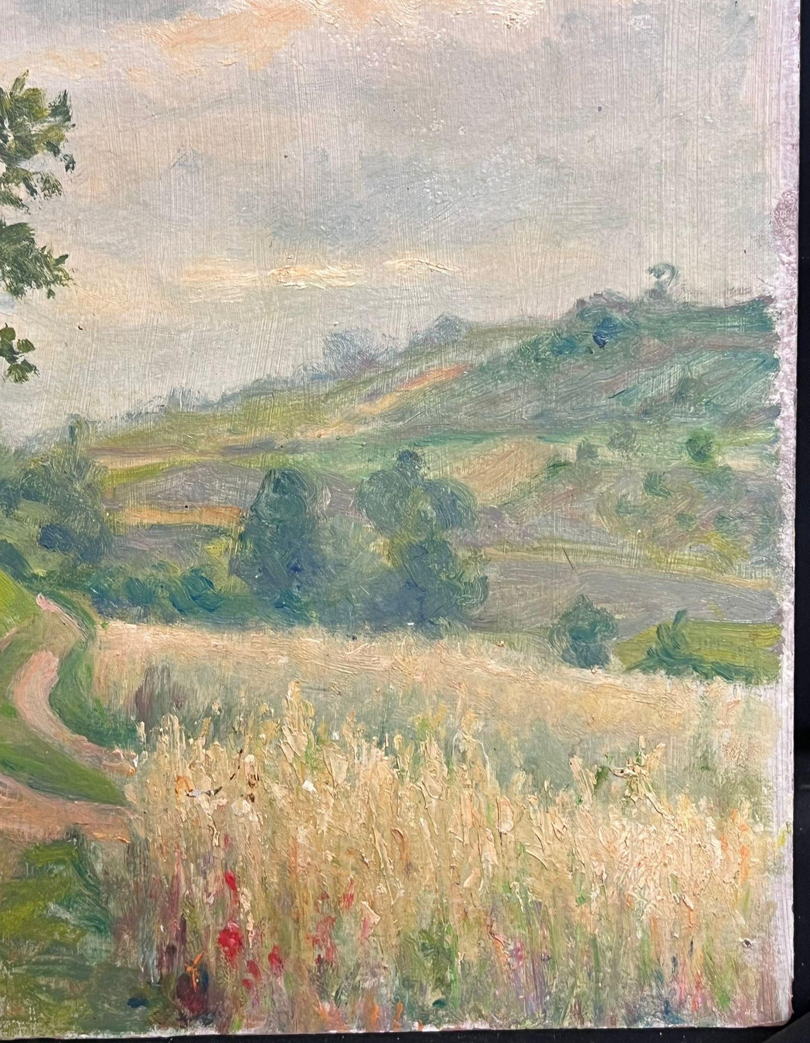 Mitte des 20. Jahrhunderts 1950er Jahre Französisch Post-Impressionist Öl September ländlichen Bauernhof Feld (Beige), Landscape Painting, von Regine David