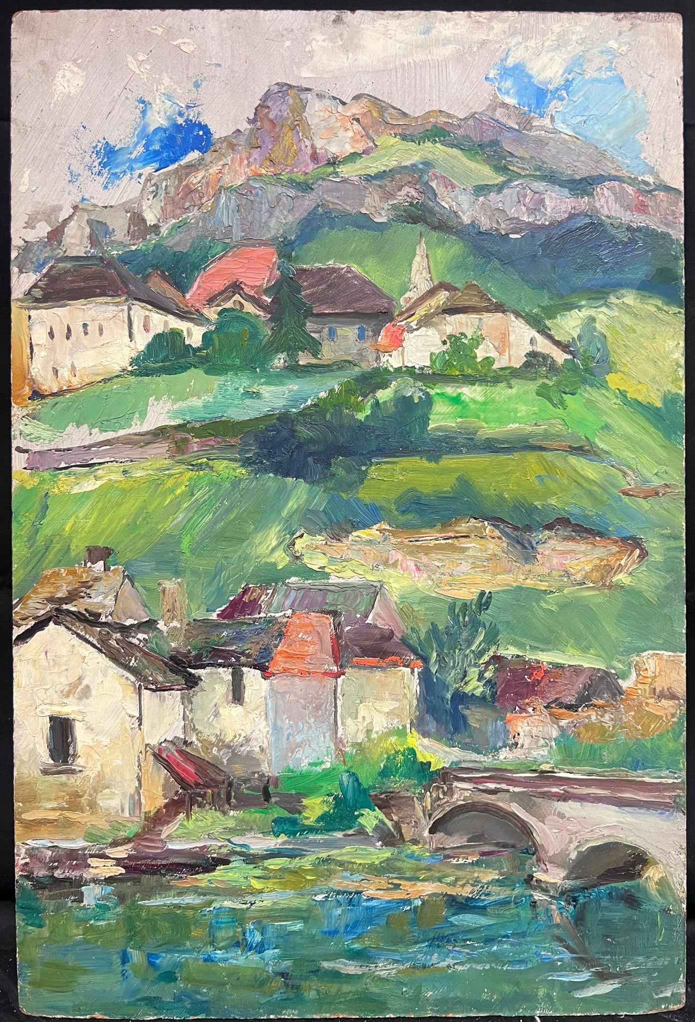 Olio post-impressionista francese della metà del XX secolo, anni '50, veduta di montagna alpina svizzera - Painting Postimpressionismo di Regine David