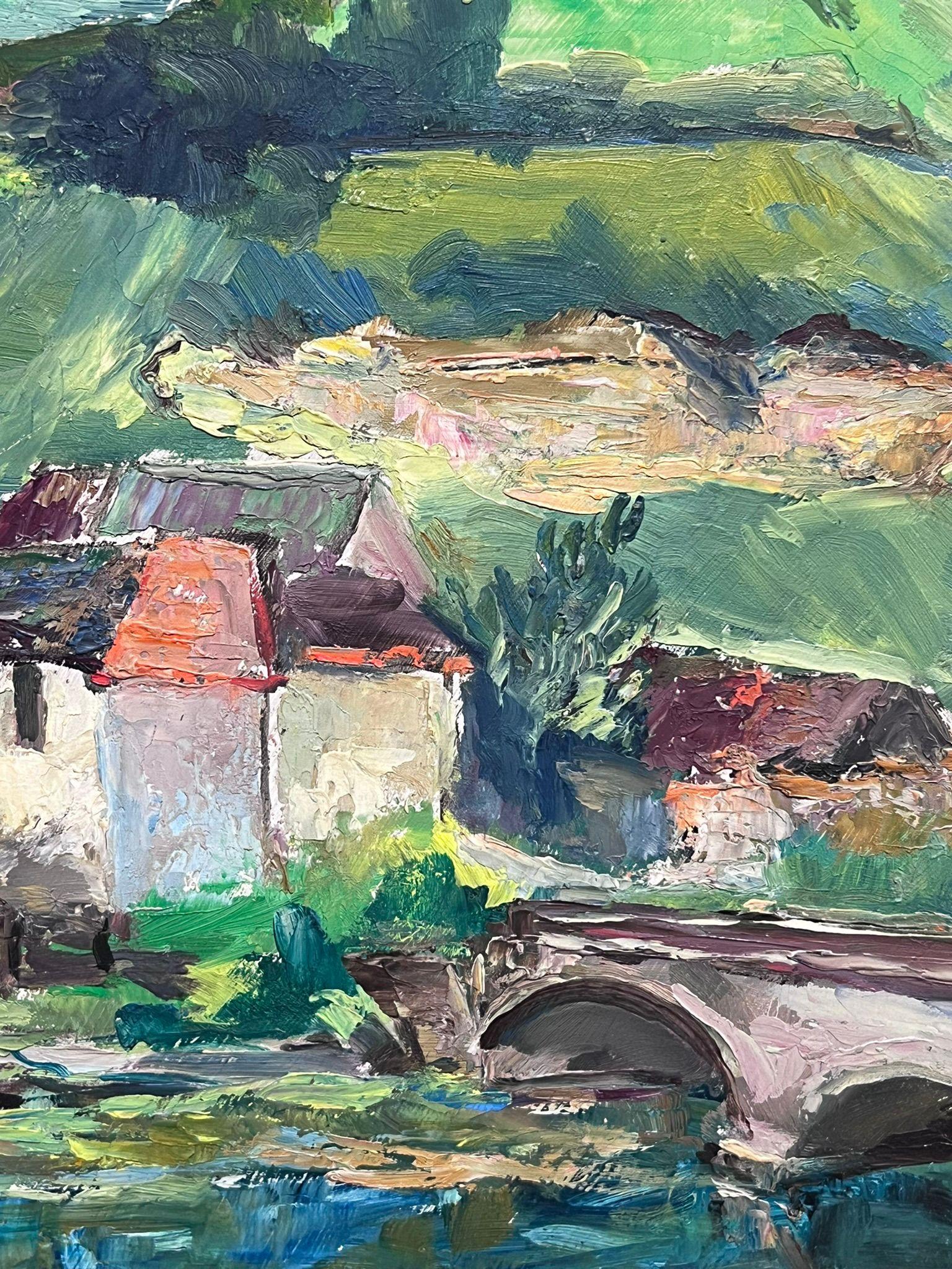 Olio post-impressionista francese della metà del XX secolo, anni '50, veduta di montagna alpina svizzera - Landscape Painting Grigio di Regine David