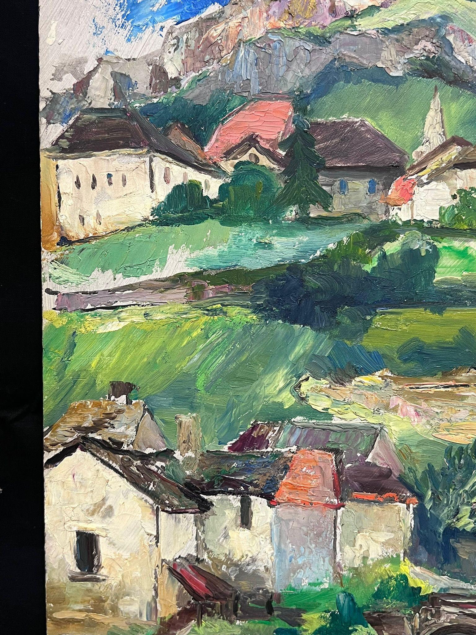 Olio post-impressionista francese della metà del XX secolo, anni '50, veduta di montagna alpina svizzera 1