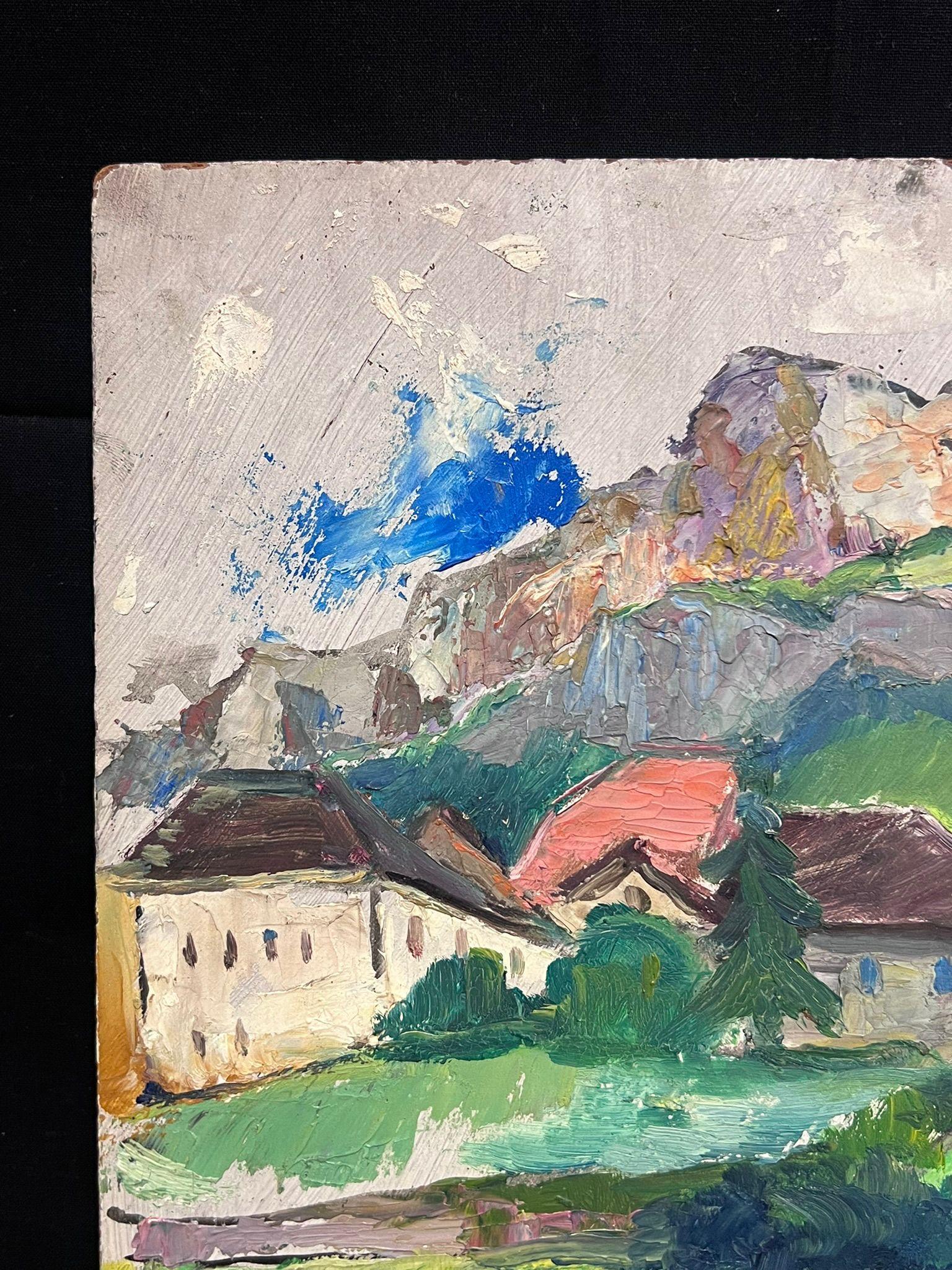 Olio post-impressionista francese della metà del XX secolo, anni '50, veduta di montagna alpina svizzera 2