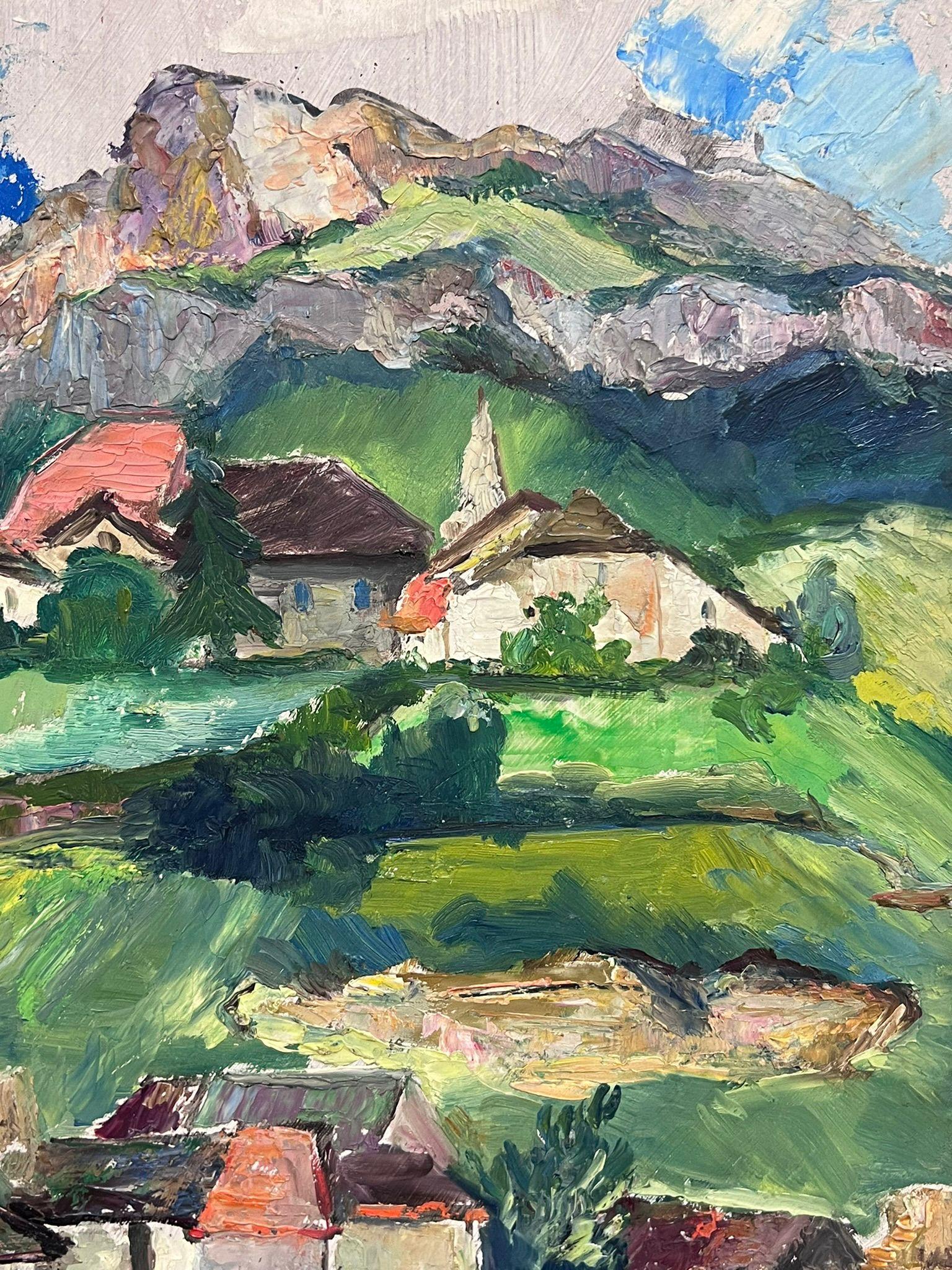 Olio post-impressionista francese della metà del XX secolo, anni '50, veduta di montagna alpina svizzera 3