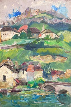 Olio post-impressionista francese della metà del XX secolo, anni '50, veduta di montagna alpina svizzera