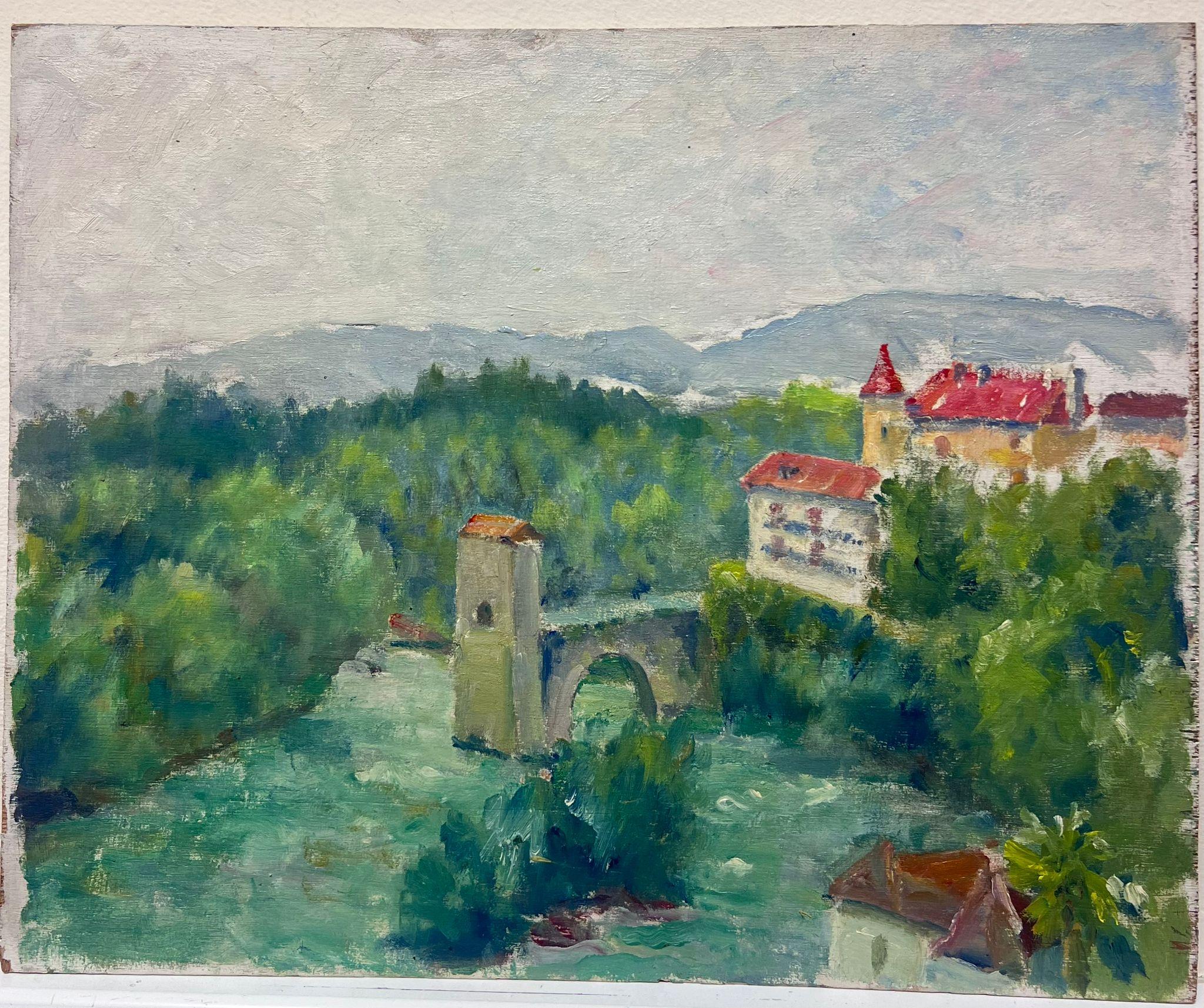 Mediados del siglo XX Años 50 Óleo francés postimpresionista La vieja ciudad francesa en venta 1
