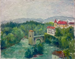 Mediados del siglo XX Años 50 Óleo francés postimpresionista La vieja ciudad francesa