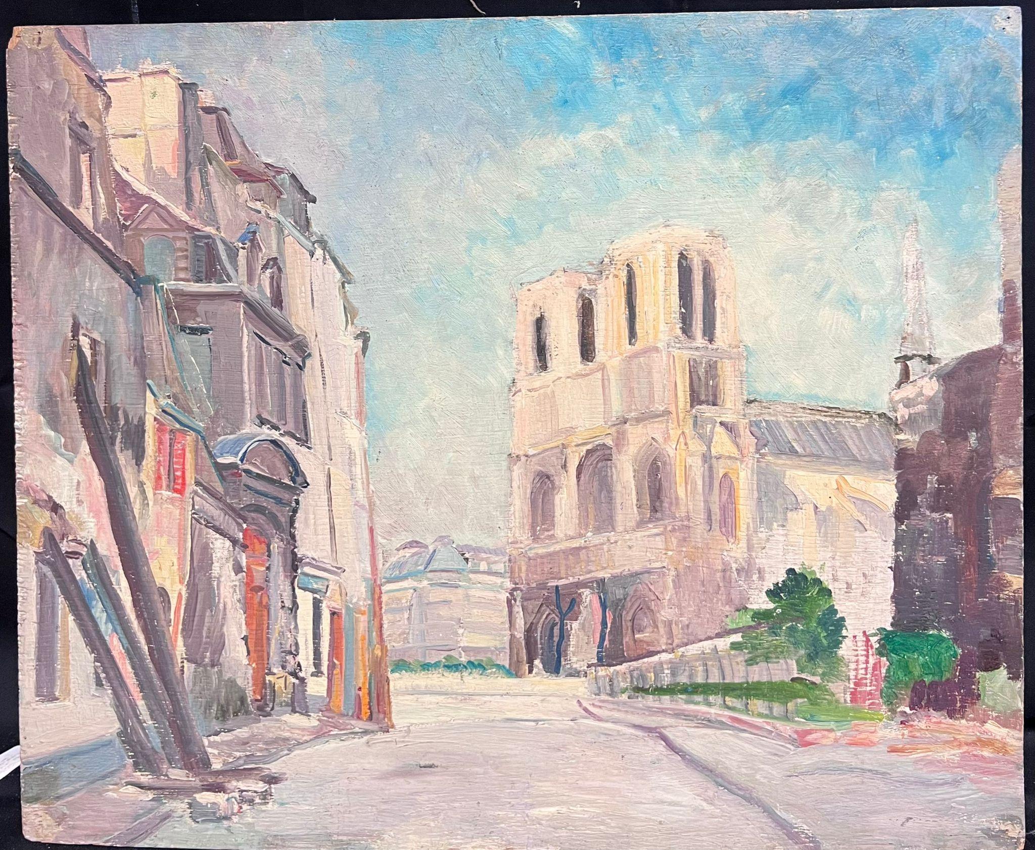 vue à l'huile post-impressionniste française de Notre Dame Paris du milieu du 20e siècle des années 1950 - Painting de Regine David