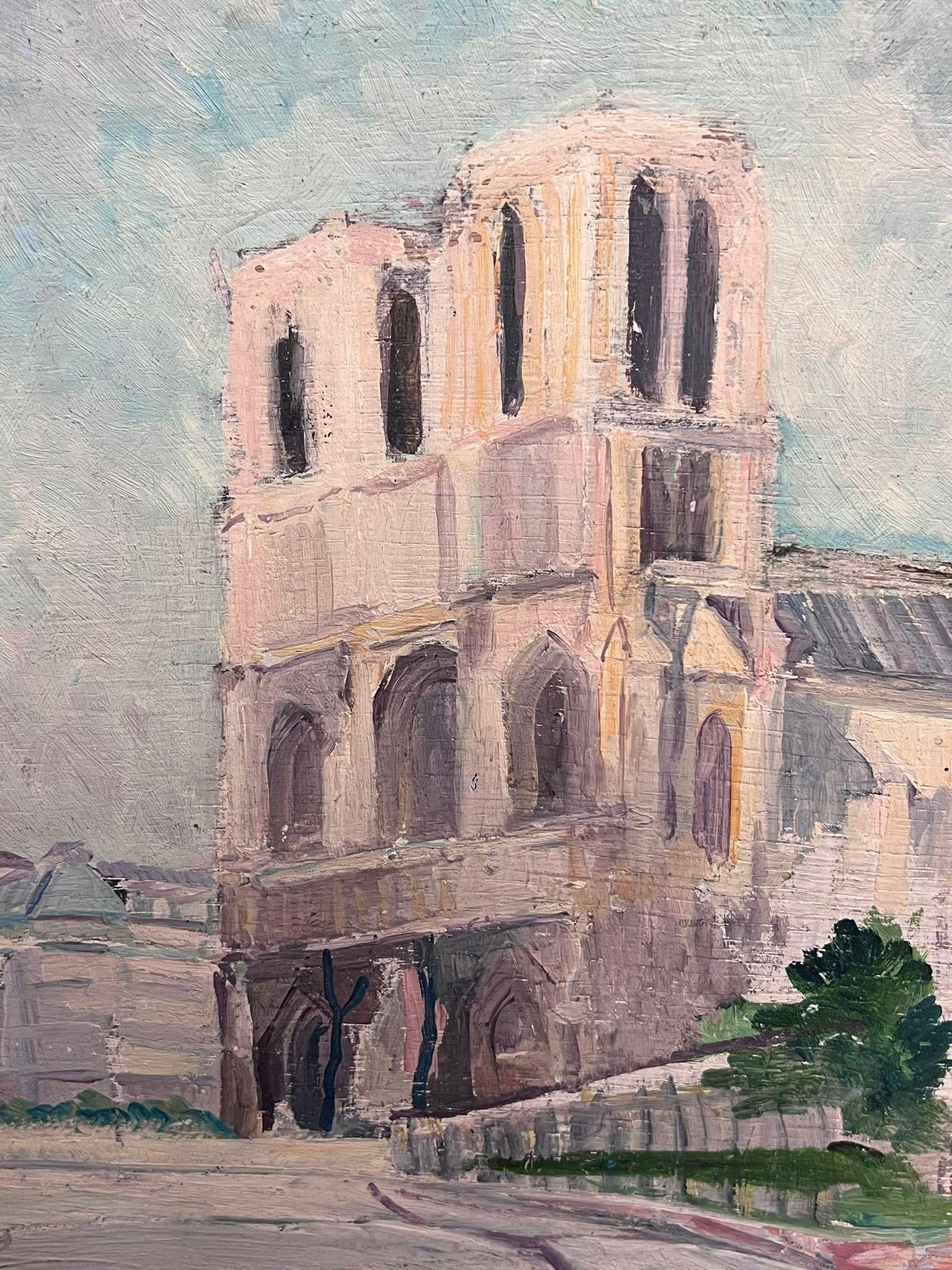 vue à l'huile post-impressionniste française de Notre Dame Paris du milieu du 20e siècle des années 1950 - Post-impressionnisme Painting par Regine David