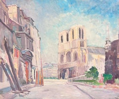 Mid 20th Century 1950's French Post-Impressionist Oil View of Notre Dame Paris