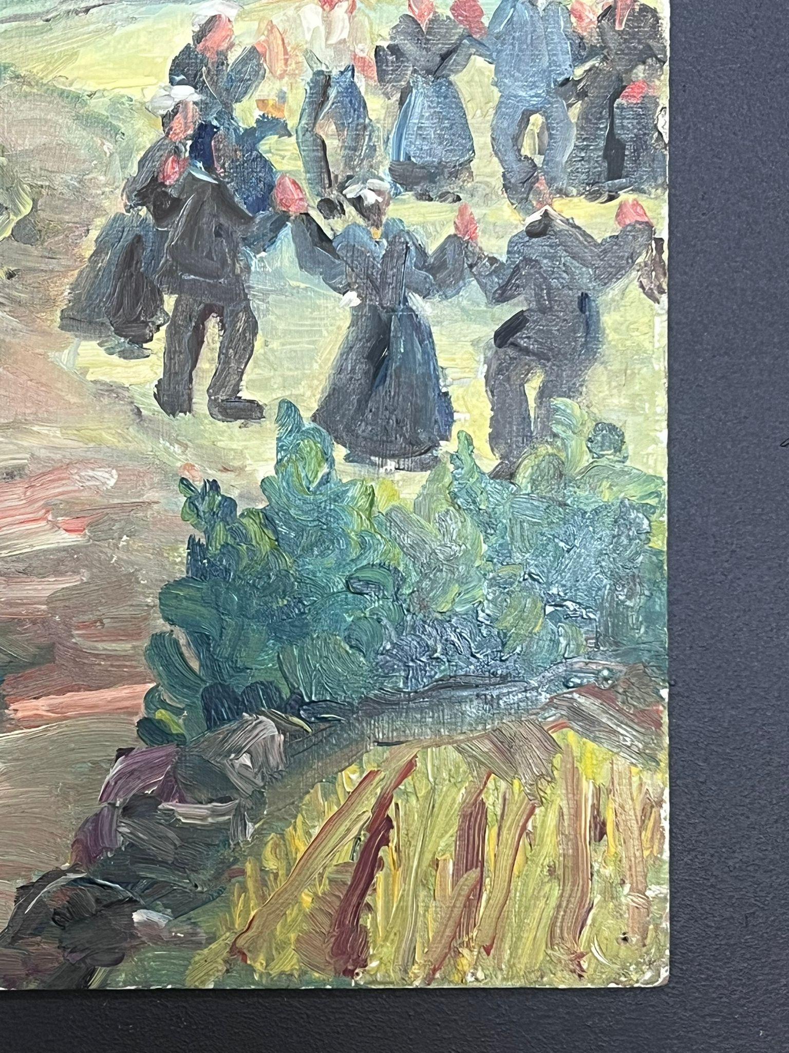 Mid 20th Century 1950's French Post-Impressionist Oil Villagers Leaving Church - Painting by Regine David