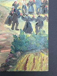 Mid 20th Century 1950's French Post-Impressionist Oil Villagers Leaving Church