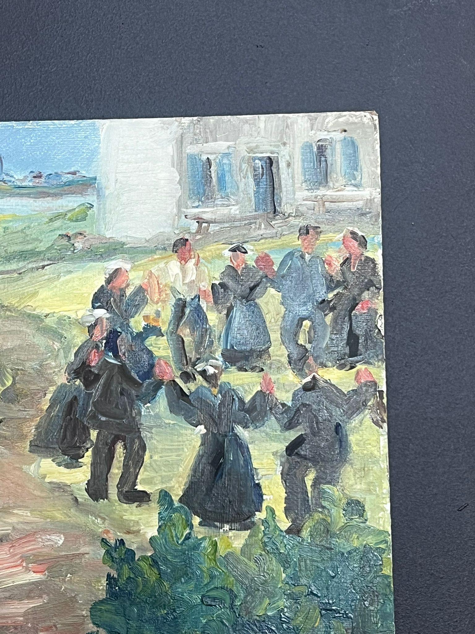Mid 20th Century 1950's French Post-Impressionist Oil Villagers Leaving Church - Brown Landscape Painting by Regine David