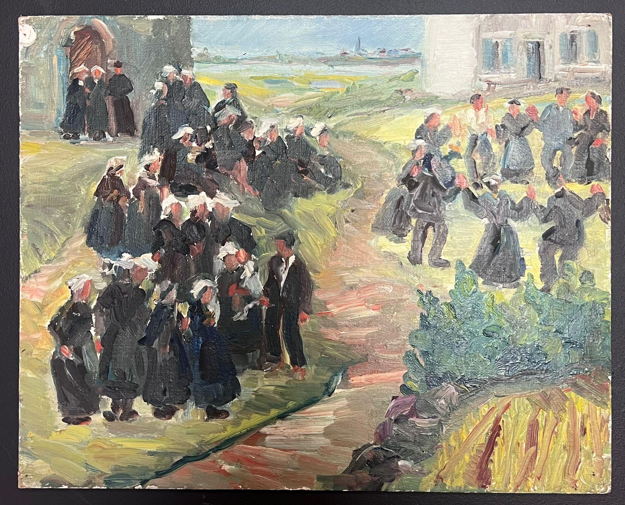 Villagers leaving Church on Sunday
by Regine David (female French artist, 1910-2018)
dated 1945
oil painting on board, unframed
measures: 13 x 16 inches
condition: the painting is in very sound and presentable condition and certainly very original.