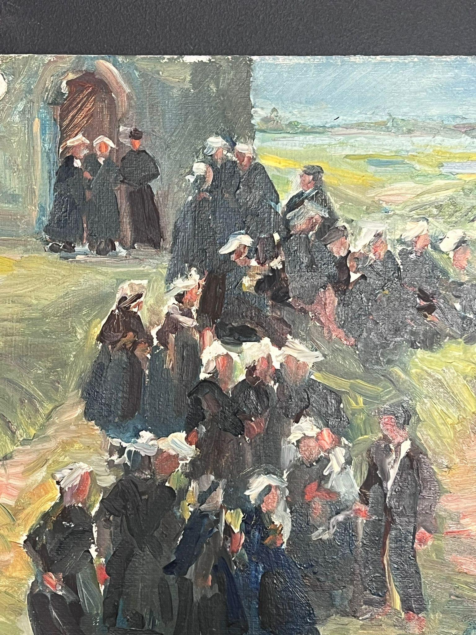 Mid 20th Century 1950's French Post-Impressionist Oil Villagers Leaving Church For Sale 1