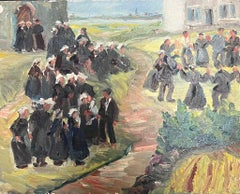 Mid 20th Century 1950's French Post-Impressionist Oil Villagers Leaving Church