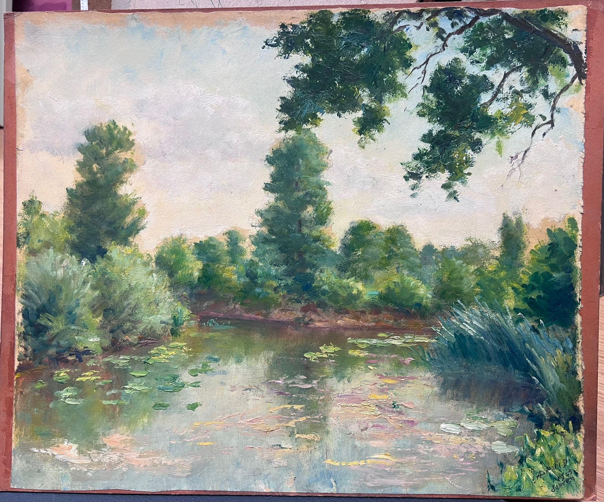 Mitte des 20. Jahrhunderts 1950er Jahre Französisch Post-Impressionist Öl Seerose Teich Sommer – Painting von Regine David
