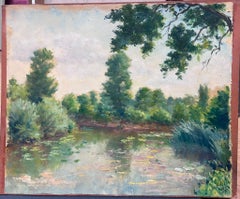 Mediados del siglo XX Años 50 Óleo francés postimpresionista Estanque de nenúfares Verano