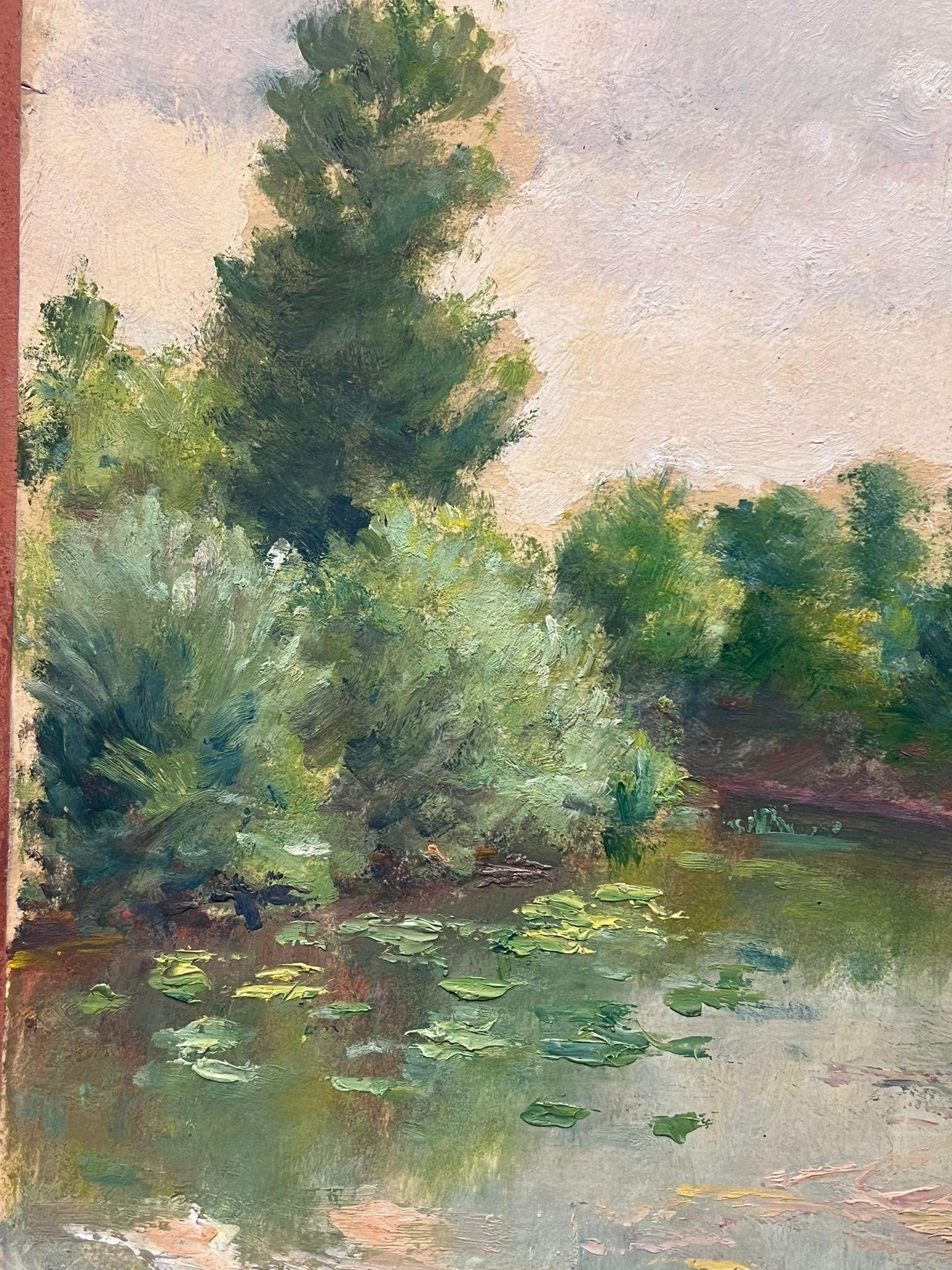 Mitte des 20. Jahrhunderts 1950er Jahre Französisch Post-Impressionist Öl Seerose Teich Sommer (Post-Impressionismus), Painting, von Regine David