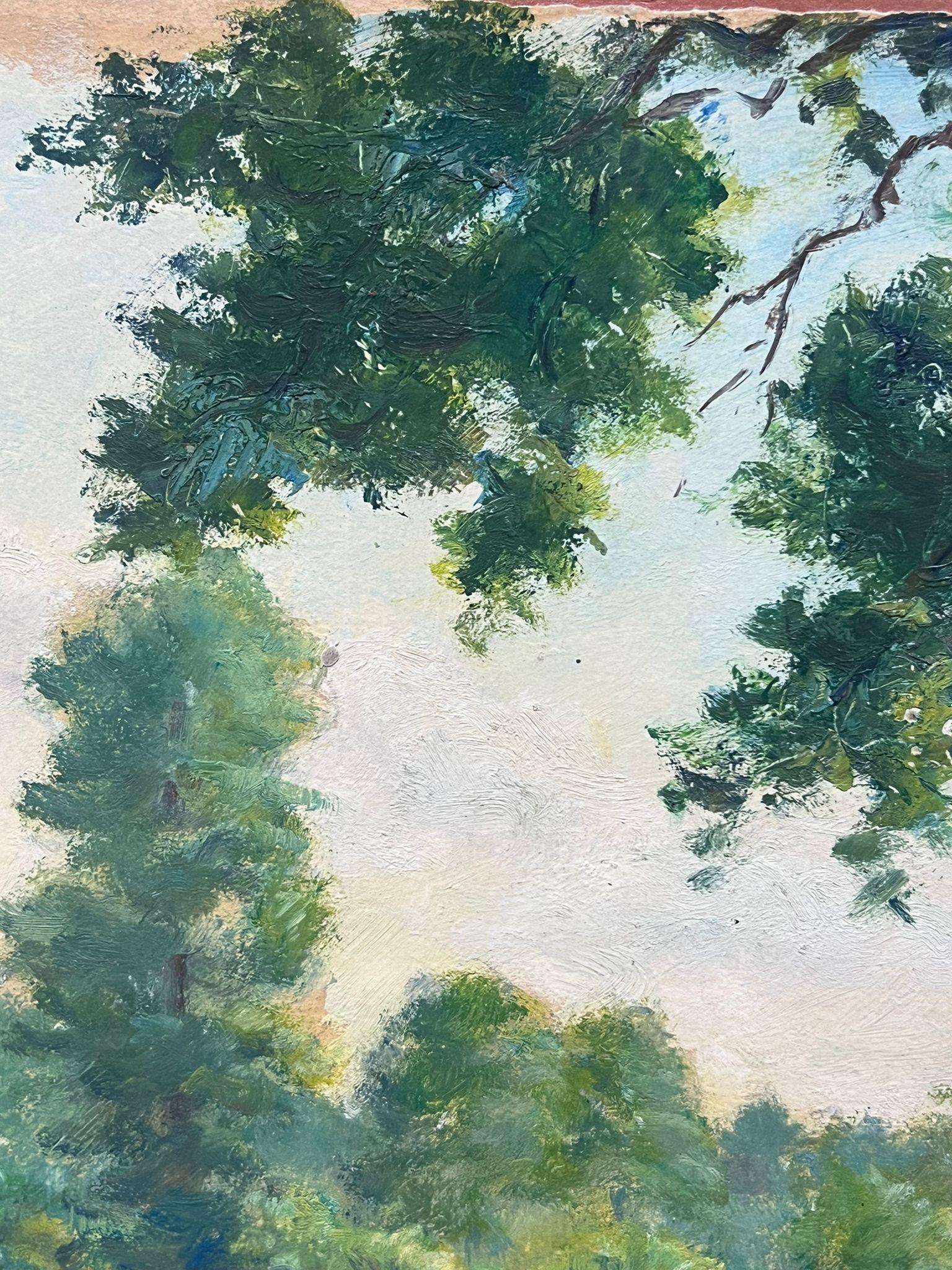 Mitte des 20. Jahrhunderts 1950er Jahre Französisch Post-Impressionist Öl Seerose Teich Sommer (Grau), Landscape Painting, von Regine David