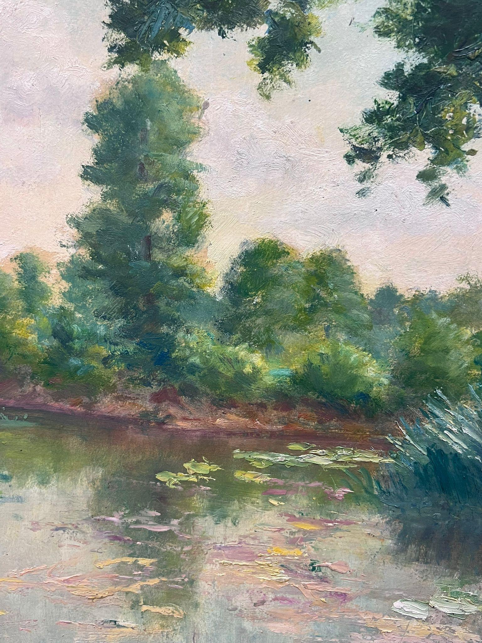Mitte des 20. Jahrhunderts 1950er Jahre Französisch Post-Impressionist Öl Seerose Teich Sommer im Angebot 1