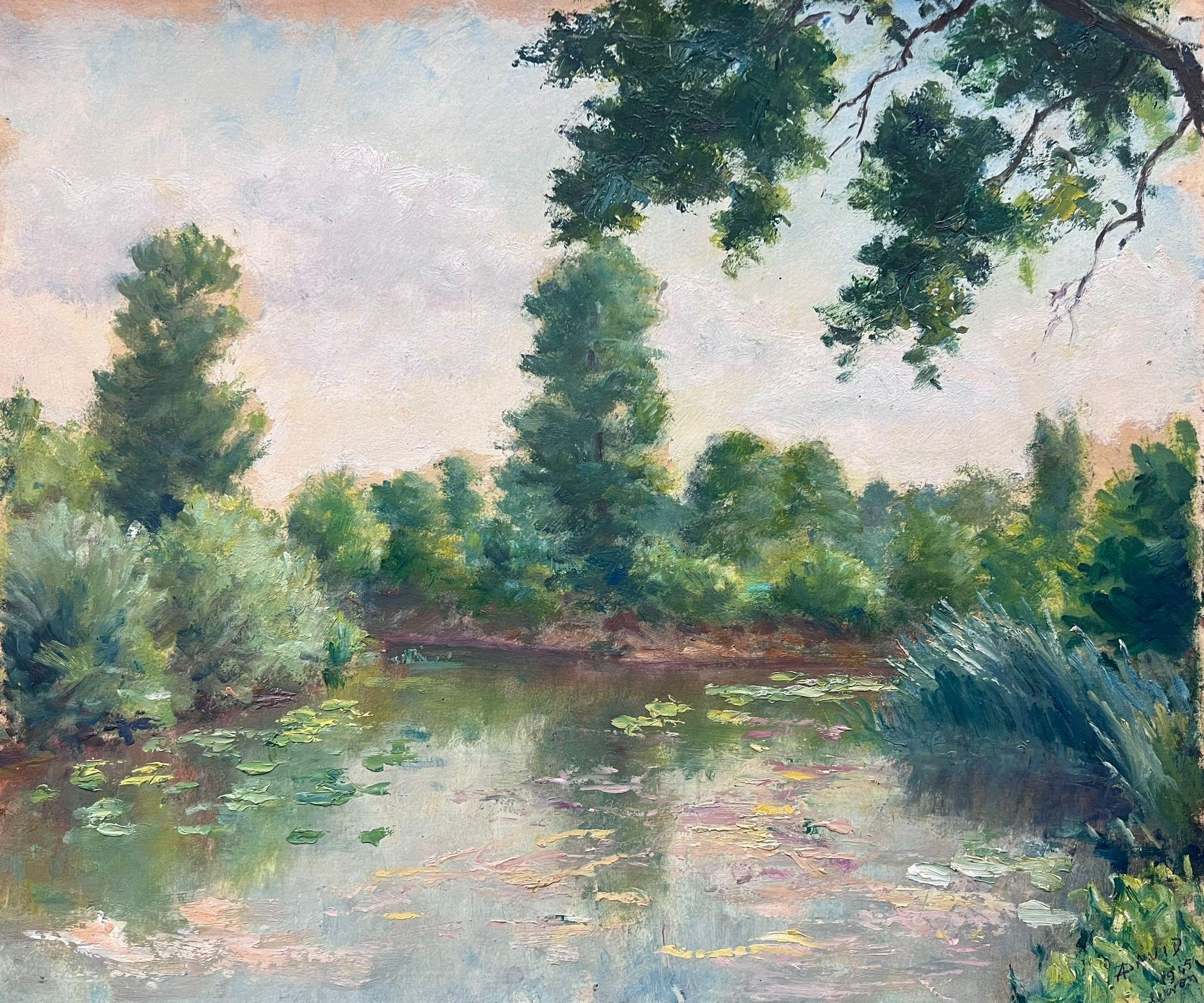 Regine David Landscape Painting – Mitte des 20. Jahrhunderts 1950er Jahre Französisch Post-Impressionist Öl Seerose Teich Sommer